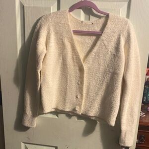 Fuzzy V-Neck Button Front Women's Sweater Cardigan - Cream